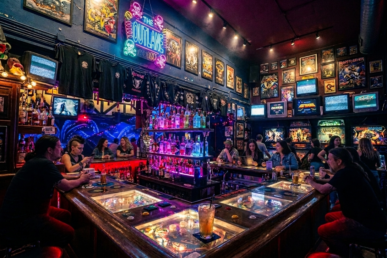 Interior preview of The Outlane pinball bar filled with neon signs, CRTs, pinball tables built into the bar top, and patrons enjoying drinks.